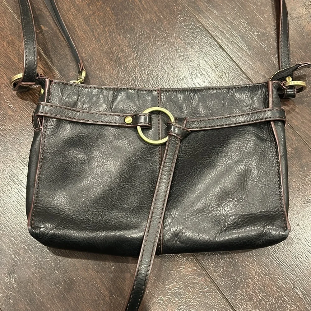 Hobo crossbody bag Black Brown Zipper Brass Ring